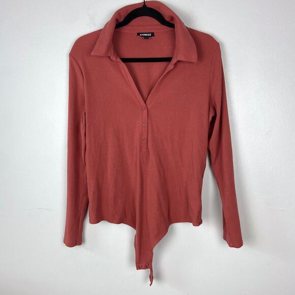 Express‎ Collared Long Sleeve Bodysuit Henley Button Ribbed Pink Mauve Size XL - Picture 1 of 8
